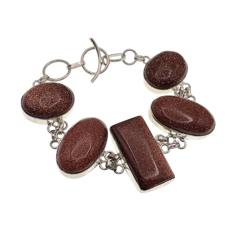 Sterling Silver And Aventurine Sunstone Cabochons Size 7.5” Bracelet